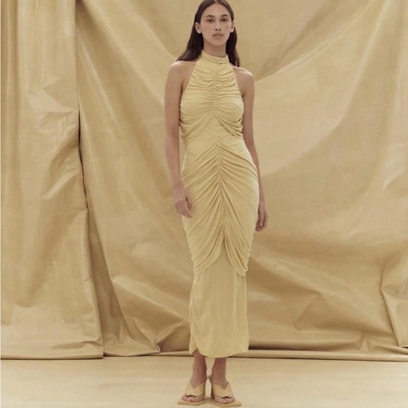 Paris Georgia Roxie Gathered Draped Halter Knit Maxi Dress Gown Butter Yellow M - Picture 3 of 16